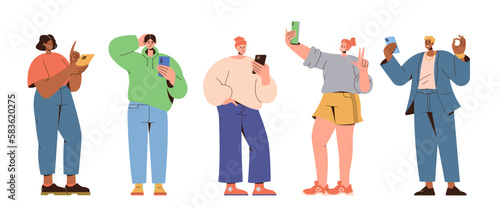 Happy young people using mobile phone looking at screen and chatting with friends, making photo