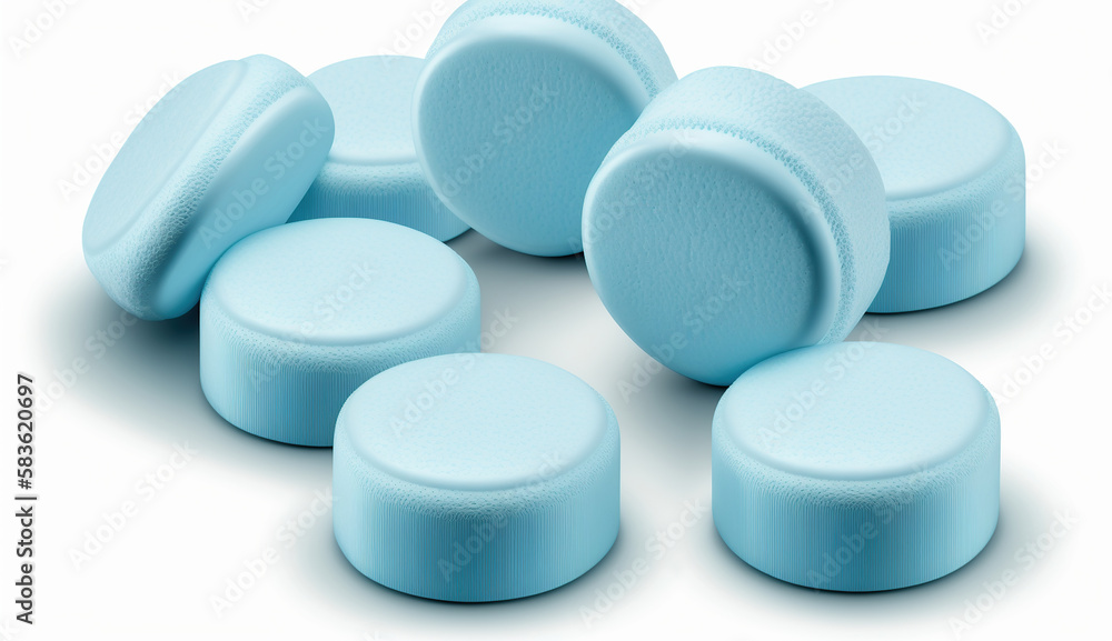Pile of light blue pills - isolated, white background, Generative Ai Pile of light blue pills - isolated, white background, Generative Ai