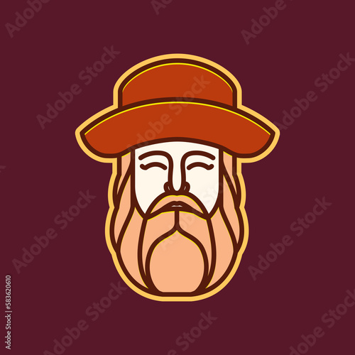 fashion style hairstyle hat circle bushy beard cool man old face smile colorful mascot logo design vector