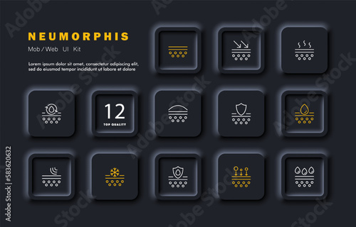 Seasonal allergies set icon. Evaporation, sunscreen, moisturizing, pure vapor, protection acne. Scin care concept. Neomorphism style. Vector line icon for Business and Advertising