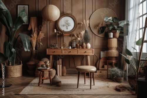 Elegant personal accessories and a stylish environment with a wooden toilet, stool, tropical leaf in a vase, carpet, and other unusual decorations. Stylish living room in a historic home. Generative