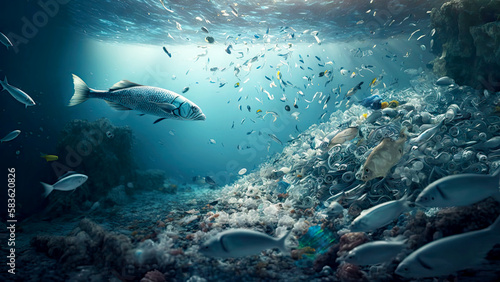 Fish habitat polluted by plastic waste. Fish harm by plastic pollution in the sea. Generative AI