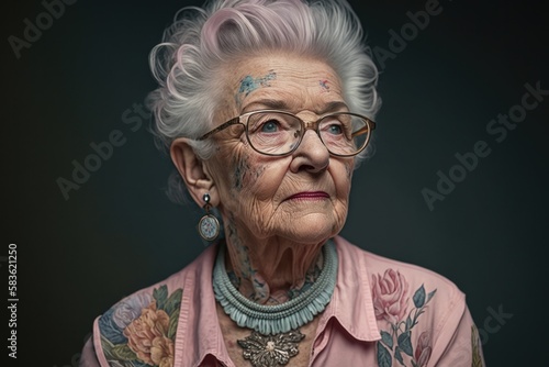 Obraz na plátně chic portrait of heartcore old tattooed lady in pastel colours on dark background,generative ai