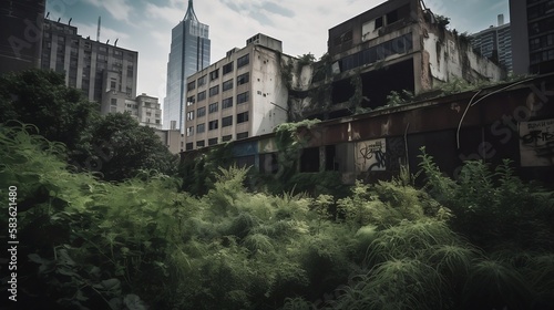An abandoned city with towering skyscrapers, broken windows, and overgrown plants AI Generative