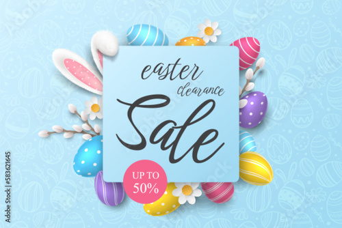 Vector horizontal sale banner with coloured eggs, willows, chamomiles and bunny’s  fur ears on blue background. Festive template with pattern, place for text, symbols of Easter for promotional flyers.