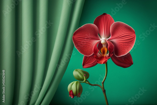 Red orchid on green background