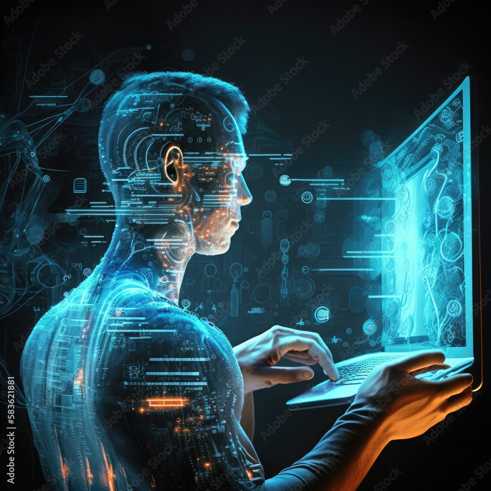 Fototapeta premium android with computer of a person working on a computer technologies.generative AI design.
