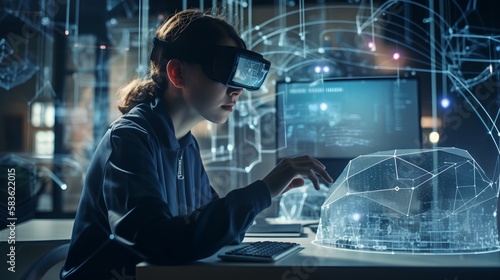 User immersed in augmented reality environment wearing a VR headset, seamlessly blending digital elements with physical world, experiencing innovative gaming and learning opportunities. Generative AI photo