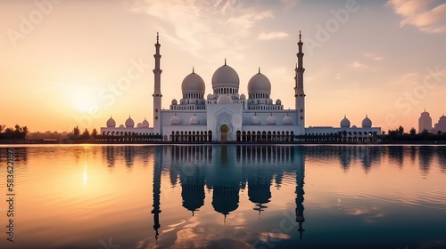 Abu Dhabi, UAE, Sheikh Zayed Grand Mosque in the Abu Dhabi, United Arab Emirates on a sunset view background. Generative AI
