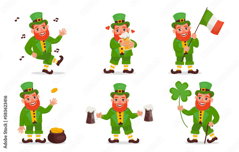 Cheerful Leprechaun, beer, the flag of Ireland, dancing and a festive mood. Happy Saint Patrick Day. Vector graphic. 