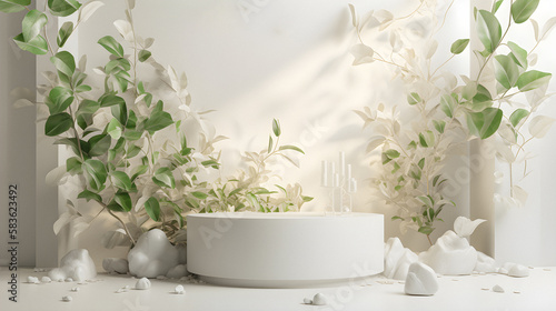 Elegant 3D Render of Pristine White Podium for Premium Beauty Skincare Products with Natural Green Leaves Backdrop and Soft Sunlight Shadows