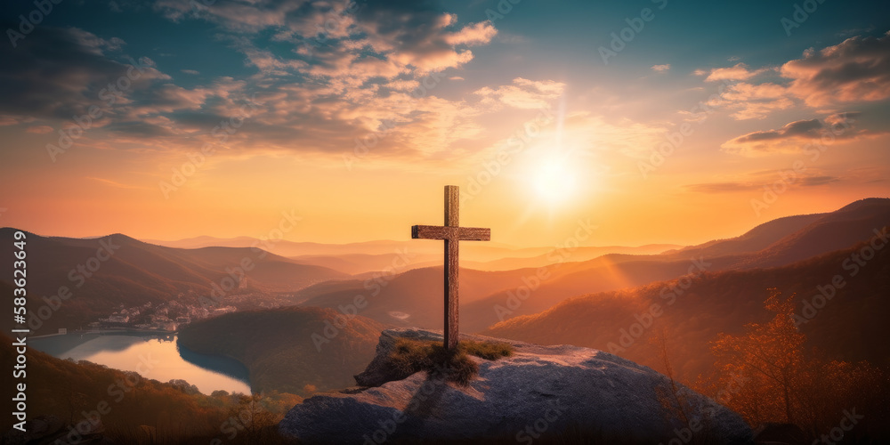 The wooden crucifix on a mountain in the background of a sunset - Generative AI