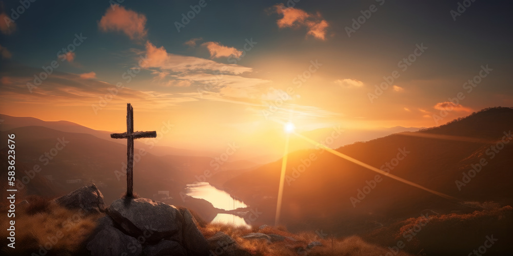 The wooden crucifix on a mountain in the background of a sunset - Generative AI The wooden crucifix on a mountain in the background of a sunset - Generative AI