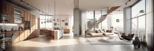 Interior of modern apartment panorama  generative ai
