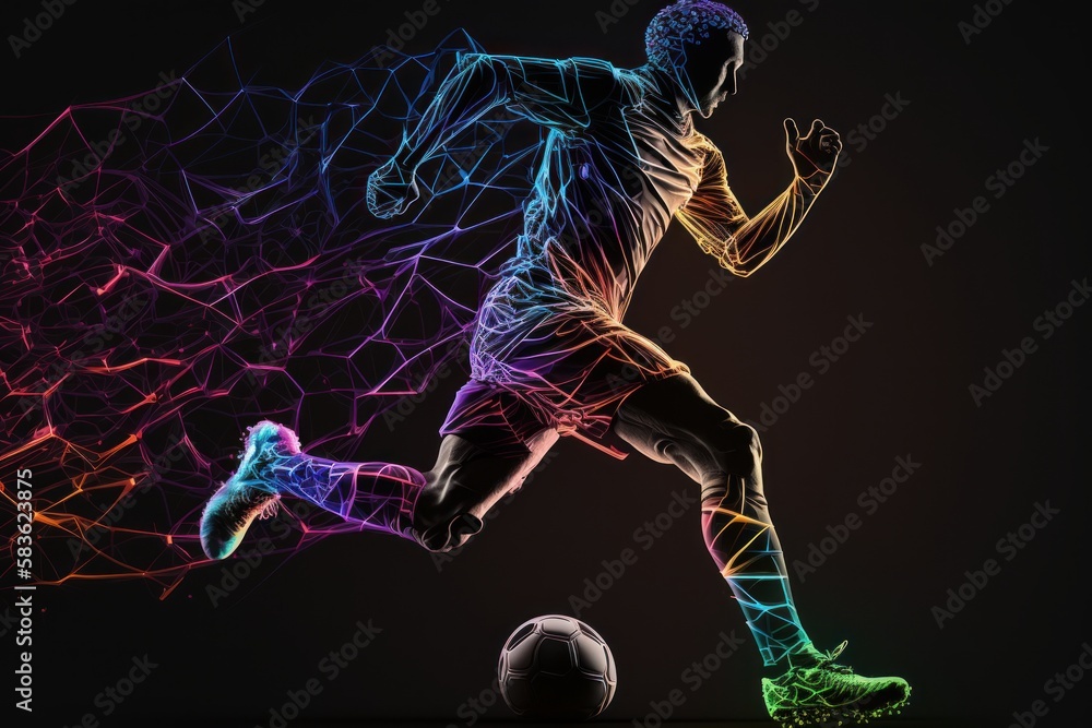 Abstract silhouette of soccer player on dark background with glowing lines. Soccer concept, Generative AI