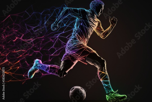 Abstract silhouette of soccer player on dark background with glowing lines. Soccer concept, Generative AI © LAYHONG
