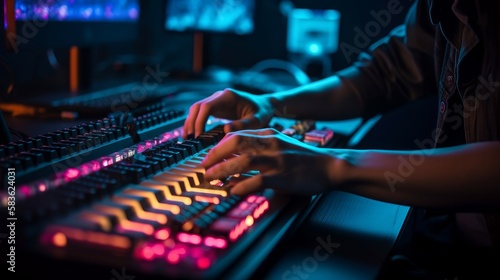 Hands of professional sound producer working on mixing desk in recording studio, Generative AI