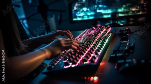 Close up of female hands on computer keyboard. Generative AI © LAYHONG