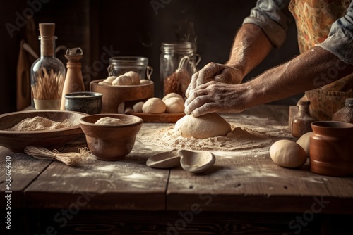 Male hands kneading dough on wooden table in rustic kitchen, Generative AI