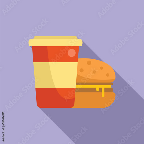 Drink burger time icon flat vector. Food lunch. Container kid