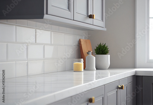 Close up details of contemporary white apartment kitchen with subway tiles, AI Generated