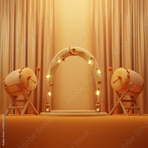Ramadan Kareem background banner. Islamic Greeting Cards for Muslim Holidays and Ramadan. brown banner with empty podium scene and light lantern, drum, arabian. 3d rendering