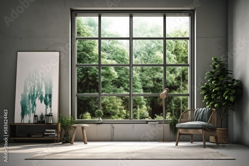 Mockup of an interior scene and frame Large windows and a view of the corner of the green garden from the living area. Generative AI © 2rogan