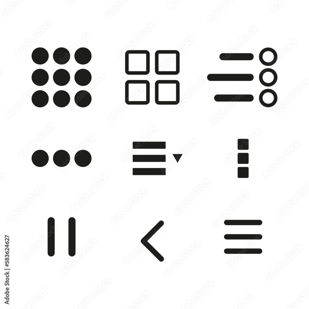 Menu buttons set icon. Tiles, squares, arrows, lists, application