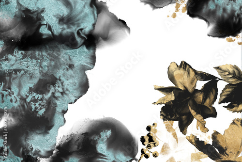 Gold foil floral backdrop with abstract shapes, tulip flower background, gift card