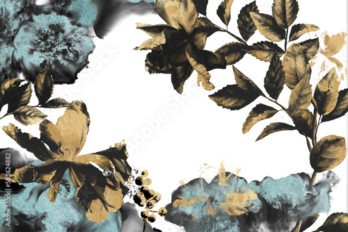 Gold foil floral backdrop, invitation card blank, blue splash, tulip flower © WonderWonder