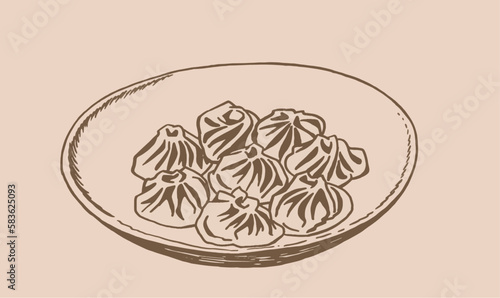 Vector vintage  illustration of khinkali on a palte, food illustration on sepia background. Graphical element for caffe banner design