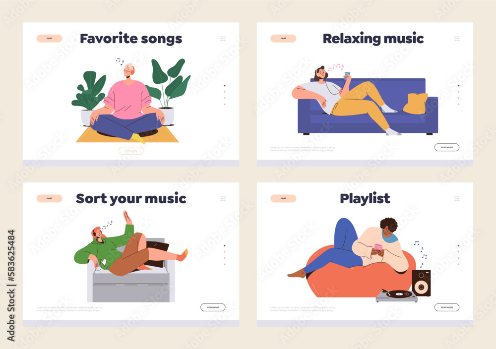 Landing page template set for online music service and happy relaxed people enjoy listening tracks