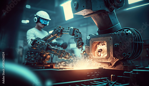 Robot gripping working on smart factory, on machine blue tone color background, industry 4.0 and technologyIndustrial welding robots in production line manufacturer factory