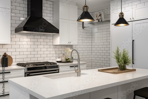 A modern kitchen with white cabinets, a white marble countertop, and a black metal range hood. The backsplash is made of white subway tiles. Generative AI photo