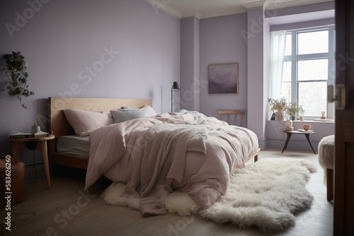 A serene bedroom with a wooden bed frame, a white linen duvet cover, and a sheepskin rug. The walls are painted in a pale lavender. Generative AI © Наталья Евтехова