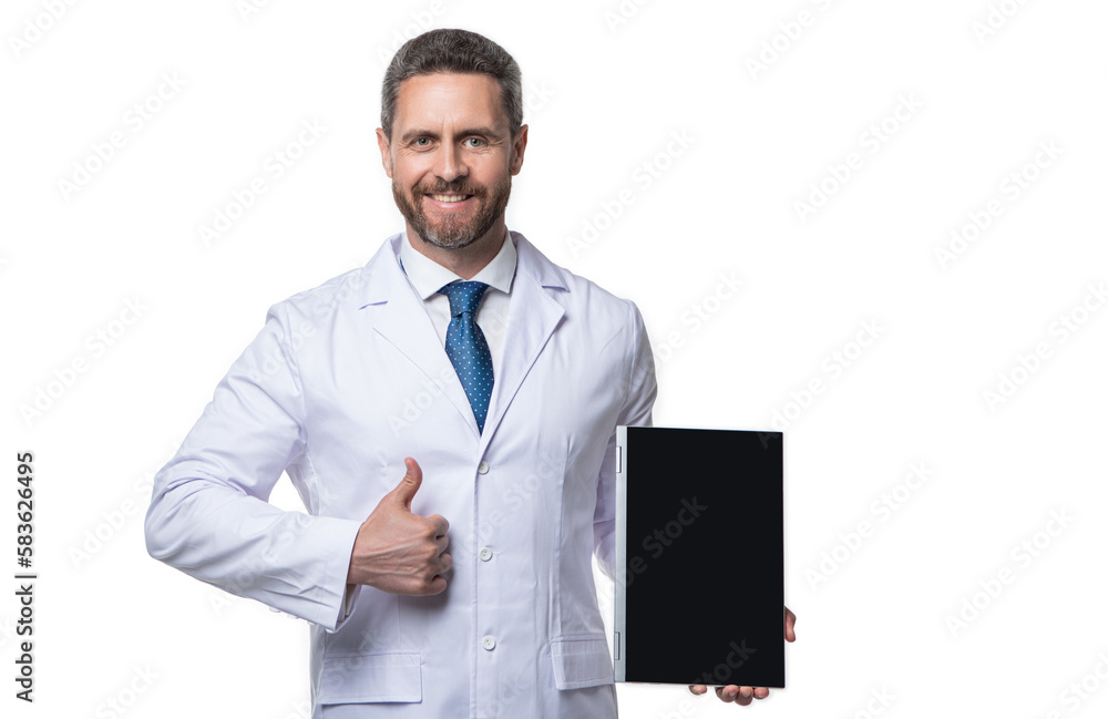 photo of ehealth and doctor man with tablet, thumb up. doctor promoting ehealth isolated on white photo of ehealth and doctor man with tablet, thumb up. doctor promoting ehealth isolated on white