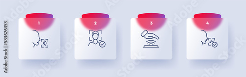 Biometric set icon. Pulse, voice, face ID, face and eye recognition , speech. Verification, protection. Authentication concept. Glassmorphism style. Vector line icon for Business and Advertising