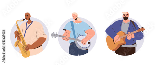Street musicians playing creative music using guitar, banjo and saxophone giving outdoor performance