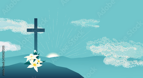 Cross on faith hill religion holiday vector background. Lenten season Christian symbol. Sacrament biblical church cross. Catholic bible Holy week design element. Religion sign template illustration
