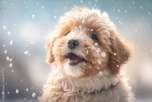 Cute little puppy dog with snow. Sweet happy animal pet enjoying snowfall in winter time. Ai generated