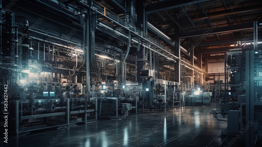 Industry 4.0 smart factory interior showcases IIoT machines, efficient workstations, and automated production lines, optimizing the manufacturing process for improved performance. Generative AI