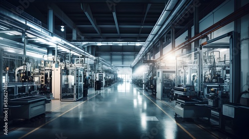 Industry 4.0 smart factory interior showcases IIoT machines, efficient workstations, and automated production lines, optimizing the manufacturing process for improved performance. Generative AI