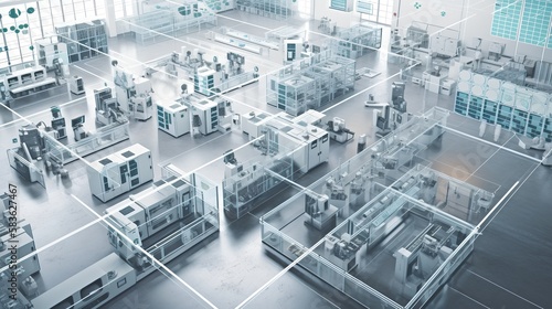 Industry 4.0 smart factory interior showcases IIoT machines, efficient workstations, and automated production lines, optimizing the manufacturing process for improved performance. Generative AI