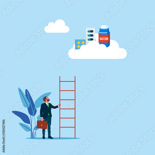 Costly pricey medical insurance. Businessman with too short ladder to climb and reach medicine on the cloud. Modern vector illustration in flat style
