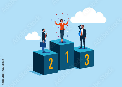 Businesswoman celebrates on winning podium next to her business rivals. Modern vector illustration in flat style