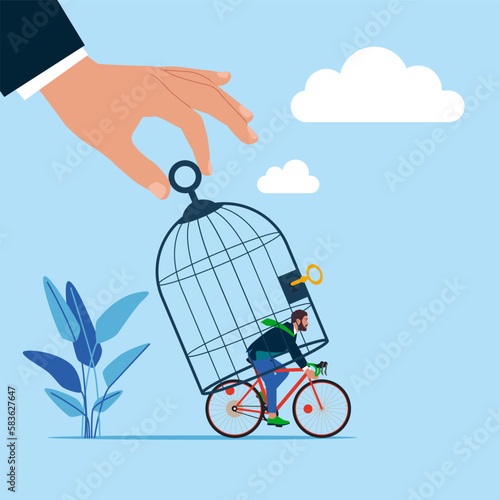 Big hand catching small businessman with Bicycle  with birdcage. Modern vector illustration in flat style