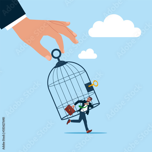 Giant hand capturing a running businessman with birdcage. Modern vector illustration in flat style