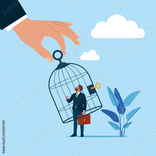 Big hand catching small businessman with birdcage. Flat vector illustration