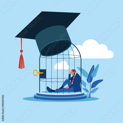 Student loan debt, expensive cost for education. Depressed confused graduated student in birdcage with graduation cap. Flat vector illustration