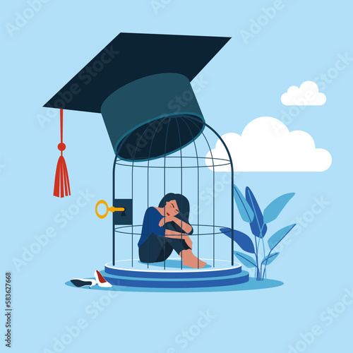 Depressed confused graduated student in birdcage with graduation cap. Student loan debt, expensive cost for education. Modern vector illustration in flat style